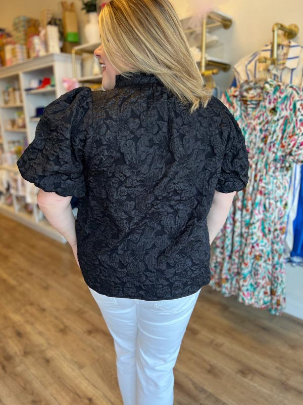 "Pop, Fizz, Clink" Plus-Size Black Jacquard Blouse