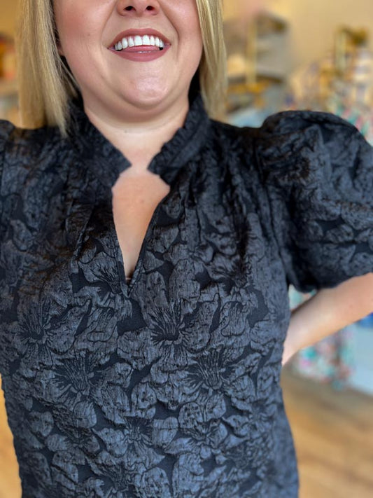 "Pop, Fizz, Clink" Plus-Size Black Jacquard Blouse