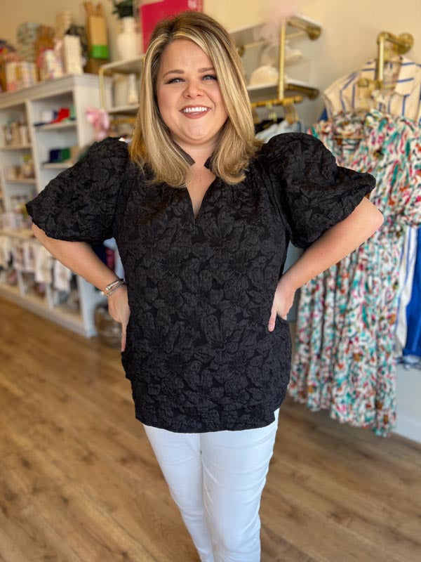 "Pop, Fizz, Clink" Plus-Size Black Jacquard Blouse