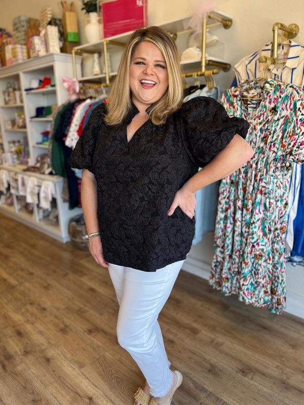 "Pop, Fizz, Clink" Plus-Size Black Jacquard Blouse