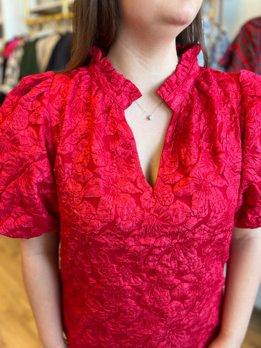 "Pop, Fizz, Clink" Plus-Size Red Jacquard Blouse