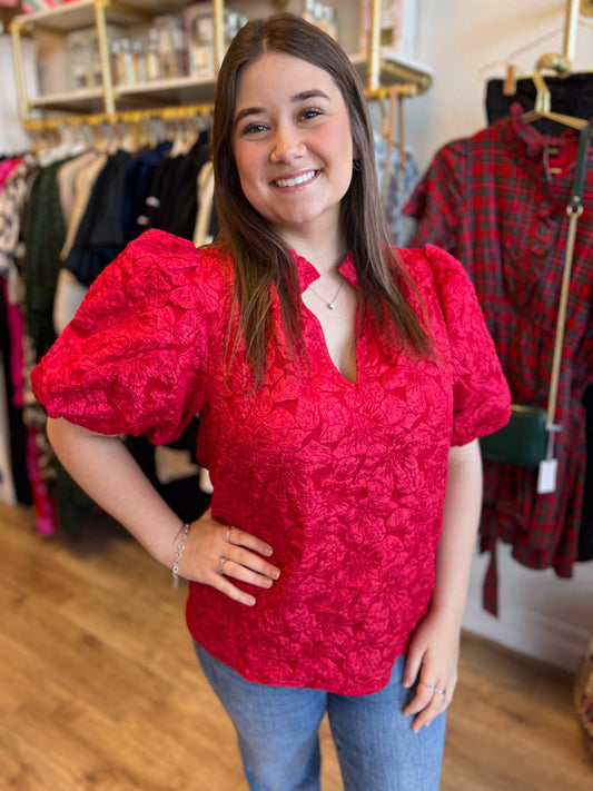 "Pop, Fizz, Clink" Plus-Size Red Jacquard Blouse