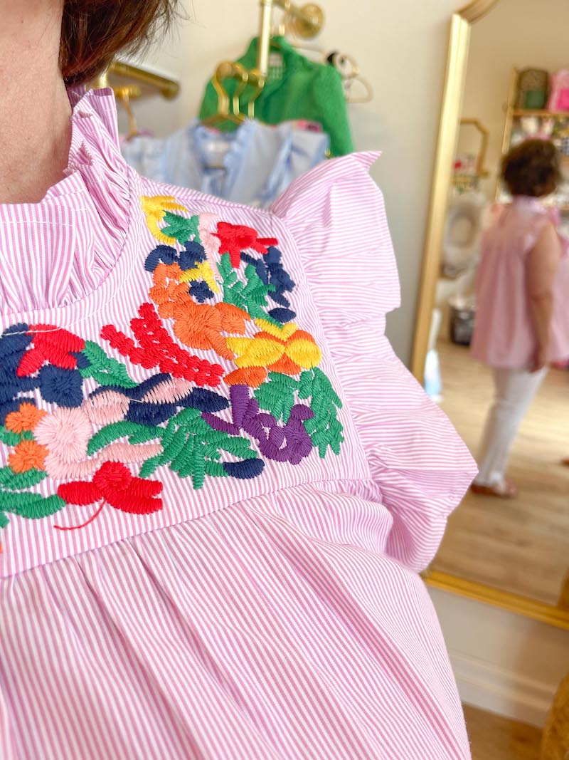 "Pretty in Pink" Pinstripe Embroidered Ruffle Cap Sleeve Top