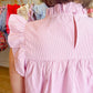 "Pretty in Pink" Pinstripe Embroidered Ruffle Cap Sleeve Top