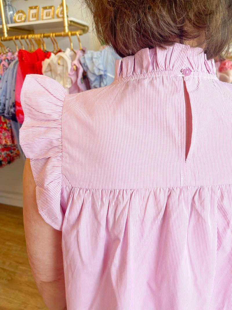 "Pretty in Pink" Pinstripe Embroidered Ruffle Cap Sleeve Top