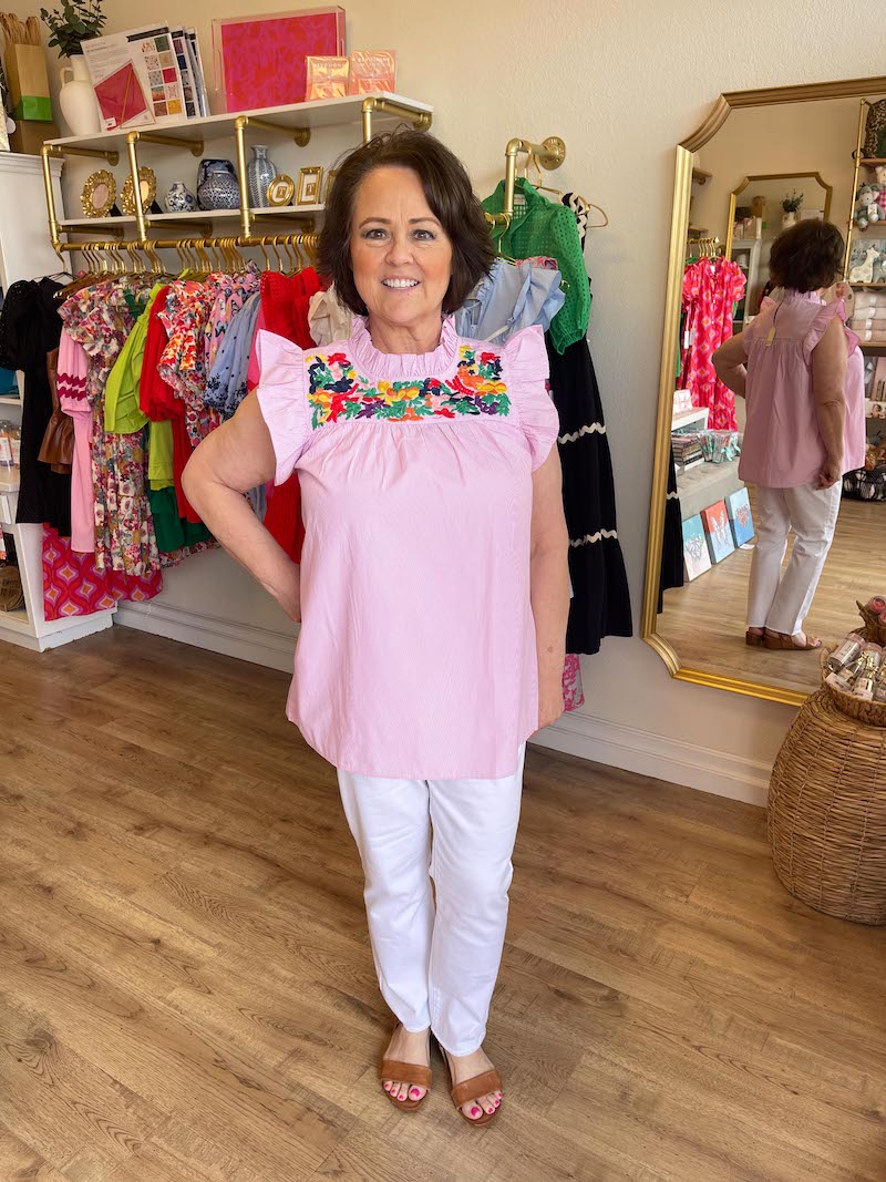 "Pretty in Pink" Pinstripe Embroidered Ruffle Cap Sleeve Top