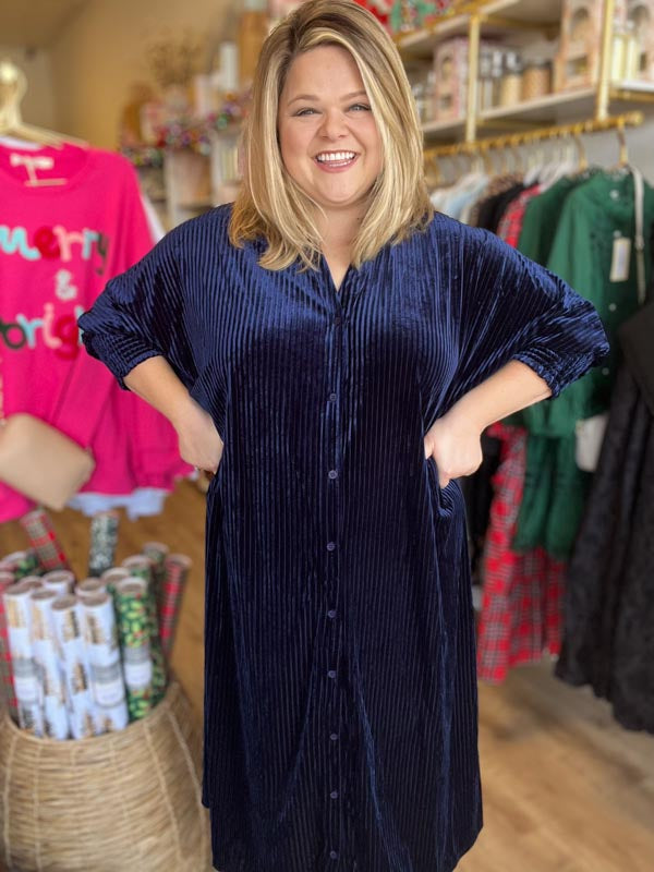 "Rockin' Around the Tree" Plus Size Navy Velvet Midi Dress