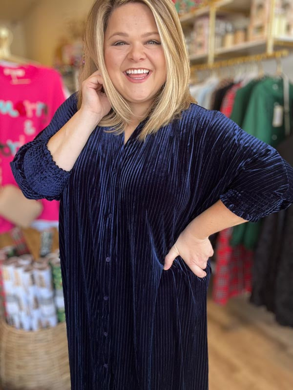 "Rockin' Around the Tree" Plus Size Navy Velvet Midi Dress