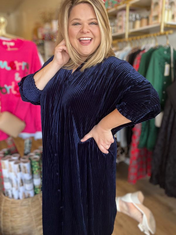 "Rockin' Around the Tree" Plus Size Navy Velvet Midi Dress