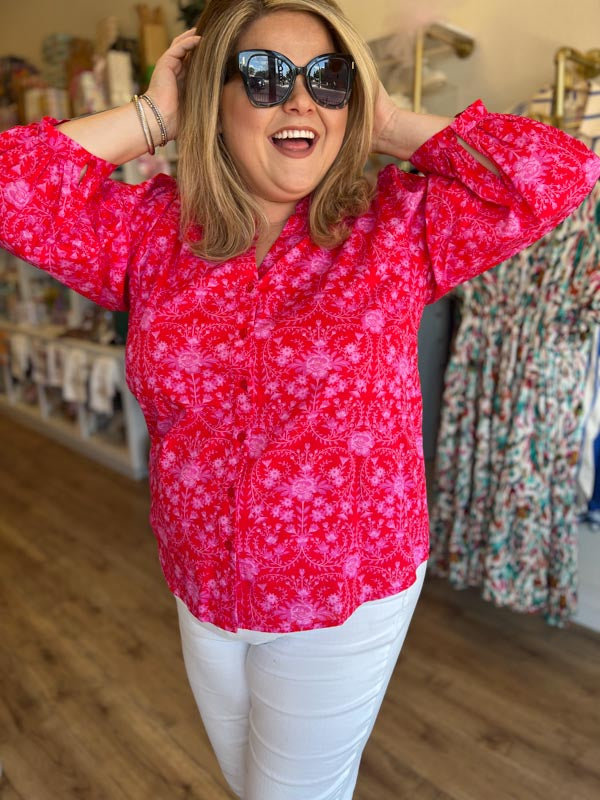 "Rosey Posey" Plus-Size Red and Pink Button Blouse