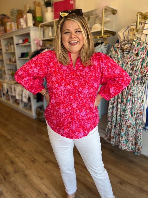 "Rosey Posey" Plus-Size Red and Pink Button Blouse