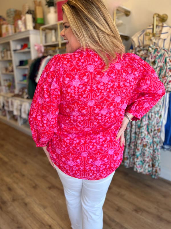 "Rosey Posey" Plus-Size Red and Pink Button Blouse