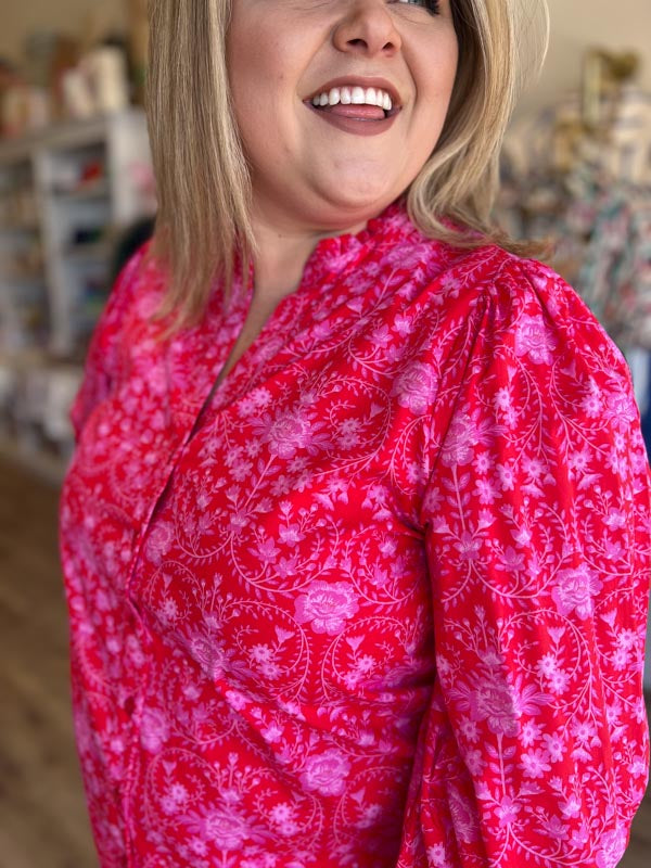 "Rosey Posey" Plus-Size Red and Pink Button Blouse