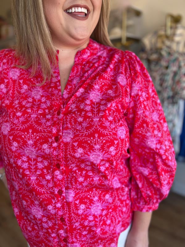 "Rosey Posey" Plus-Size Red and Pink Button Blouse