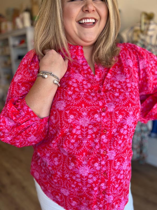 "Rosey Posey" Plus-Size Red and Pink Button Blouse