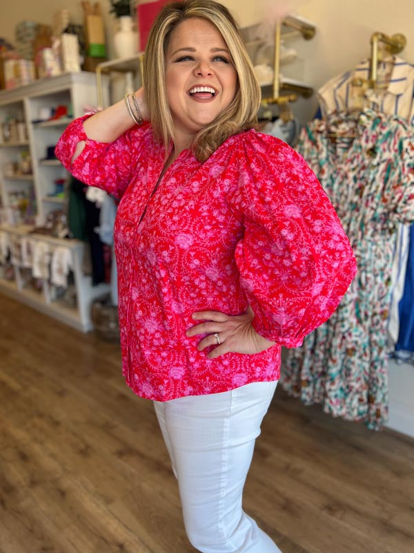 "Rosey Posey" Plus-Size Red and Pink Button Blouse