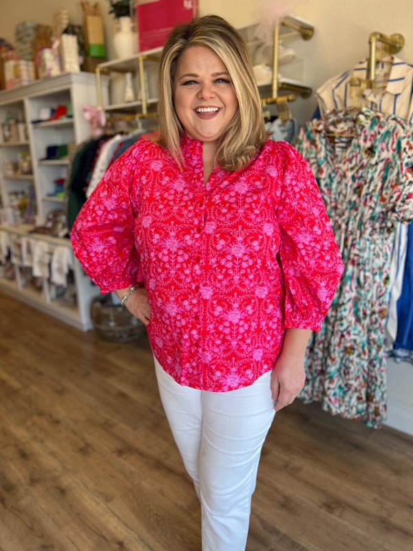 "Rosey Posey" Plus-Size Red and Pink Button Blouse