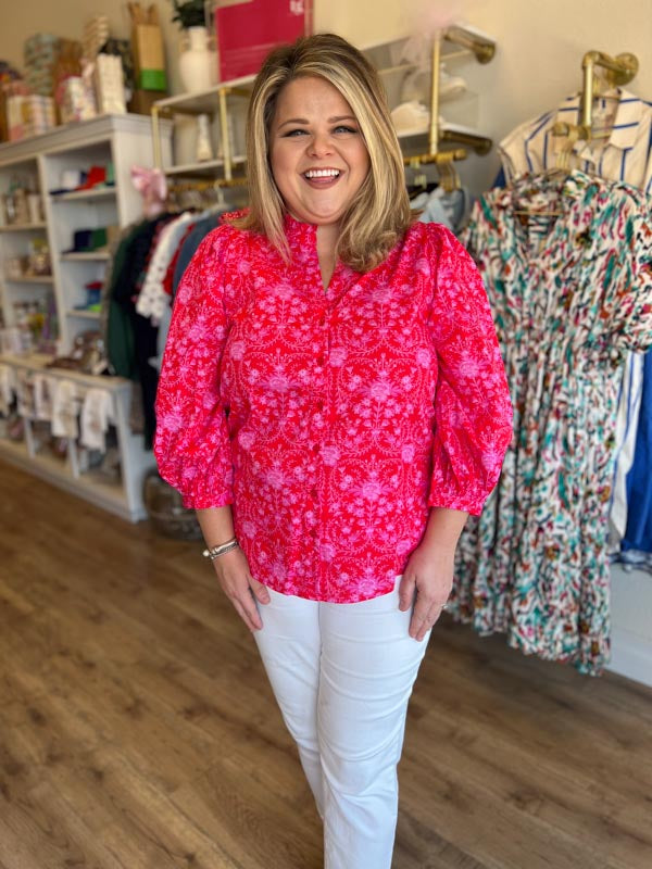 "Rosey Posey" Plus-Size Red and Pink Button Blouse