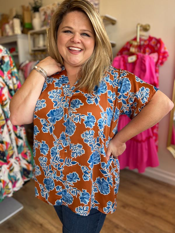 "Rust & Roses" Plus Size Copper & Blue Floral Top