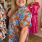 "Rust & Roses" Plus Size Copper & Blue Floral Top