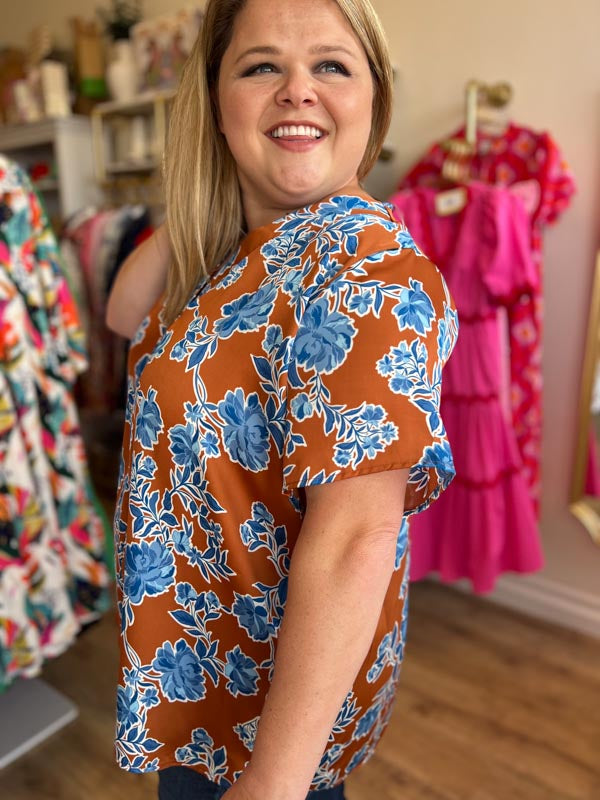 "Rust & Roses" Plus Size Copper & Blue Floral Top