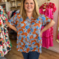 "Rust & Roses" Plus Size Copper & Blue Floral Top