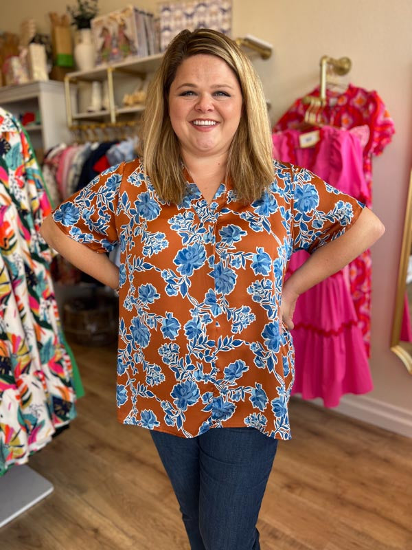 "Rust & Roses" Plus Size Copper & Blue Floral Top