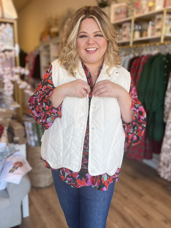 "Snow Bunny" Plus Size Quilted Cream Scalloped Vest