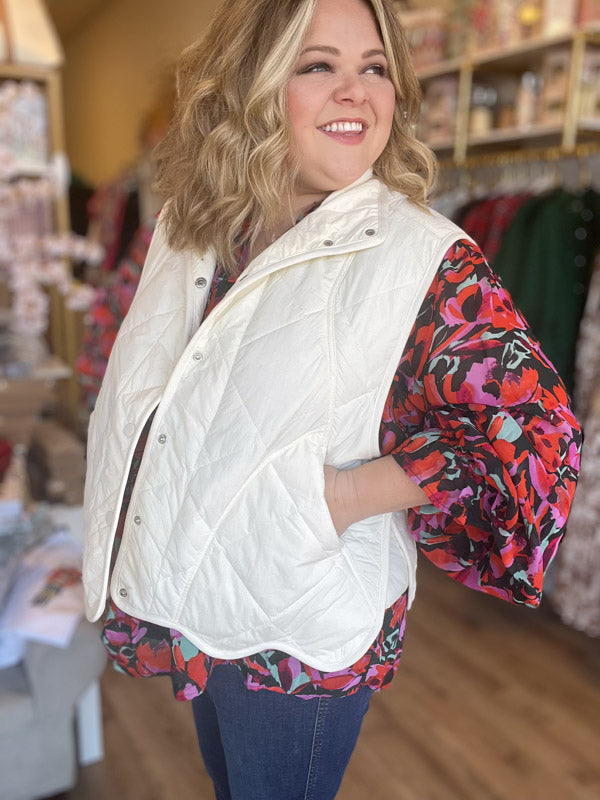 "Snow Bunny" Plus Size Quilted Cream Scalloped Vest