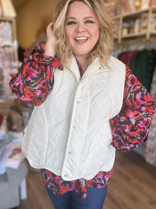 "Snow Bunny" Plus Size Quilted Cream Scalloped Vest