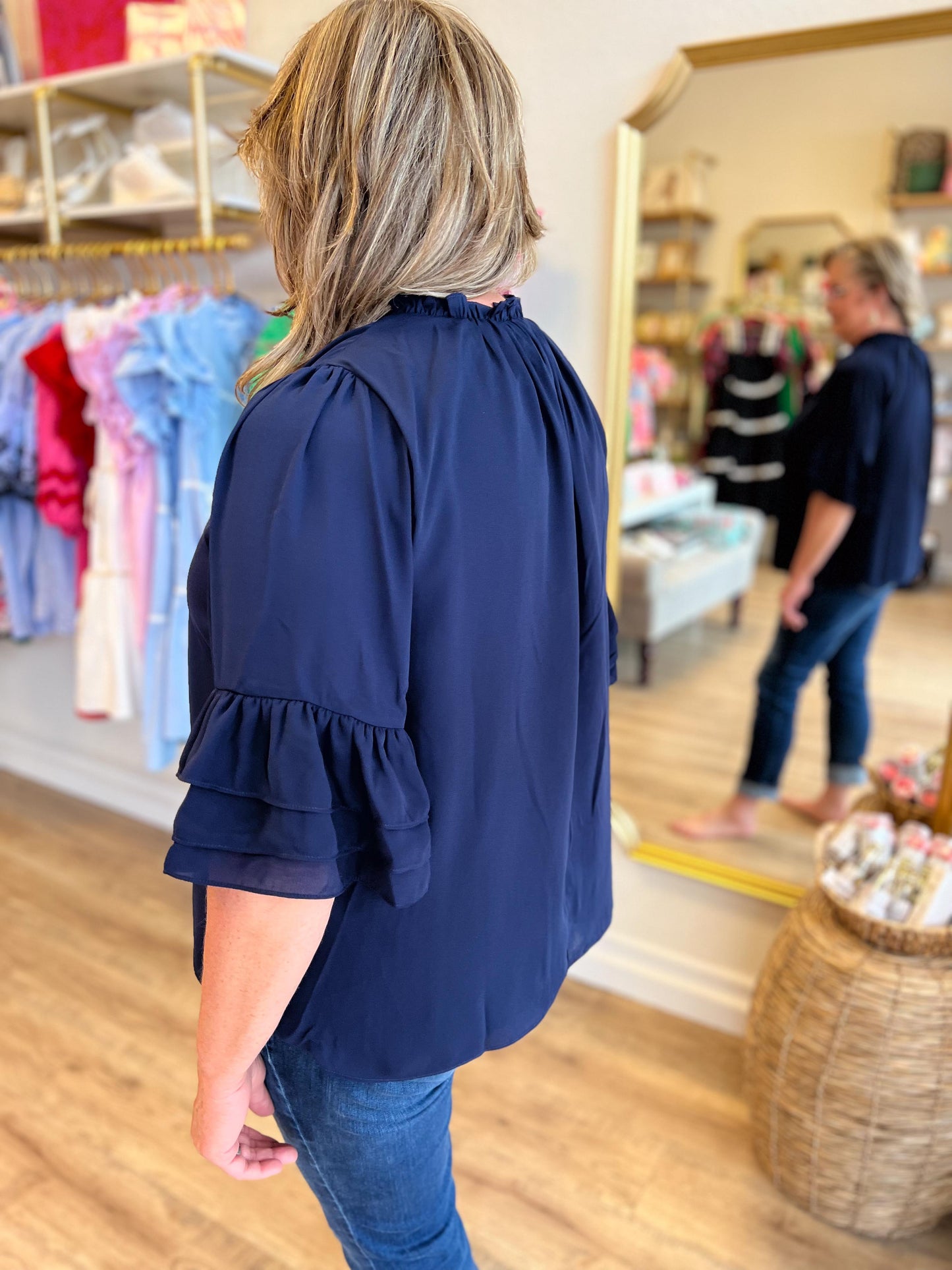 "Southern Belle Sleeve" Curvy Navy Ruffle Blouse