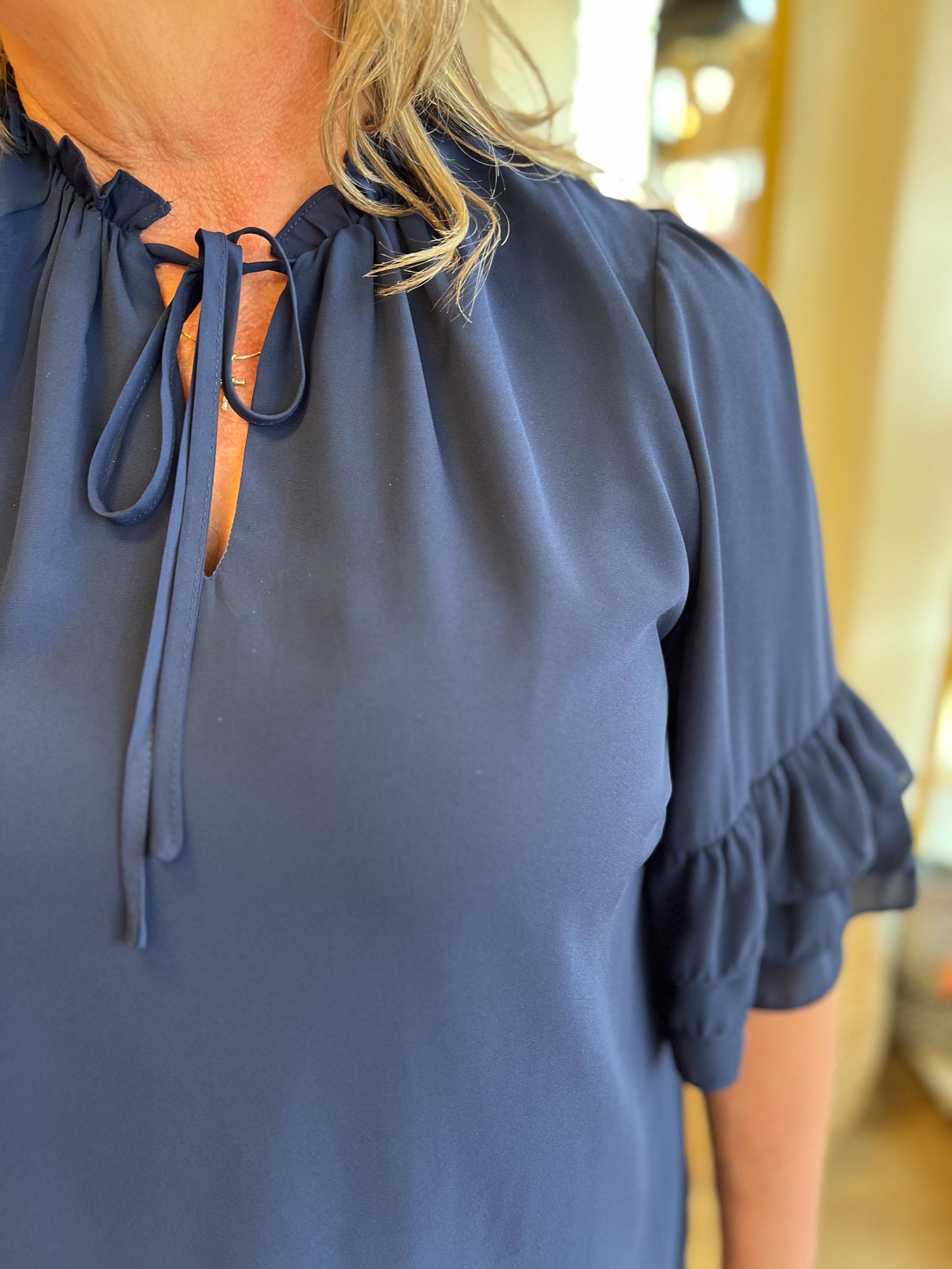 "Southern Belle Sleeve" Curvy Navy Ruffle Blouse