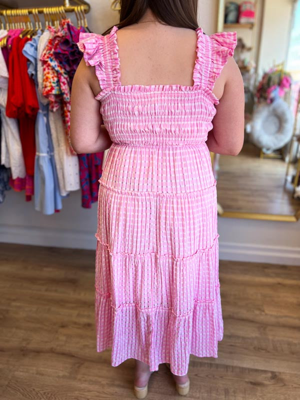 "Sugar & Spice" Smocked Pink Seersucker Midi Dress