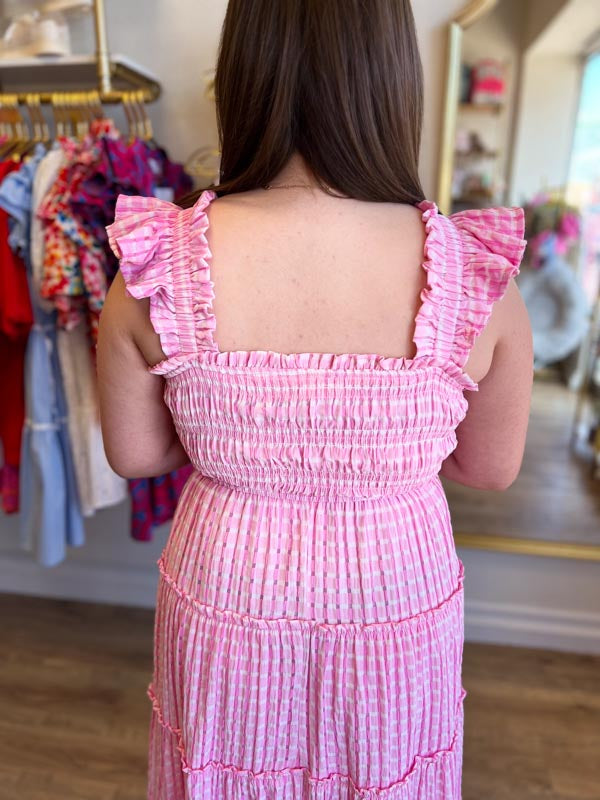 "Sugar & Spice" Smocked Pink Seersucker Midi Dress