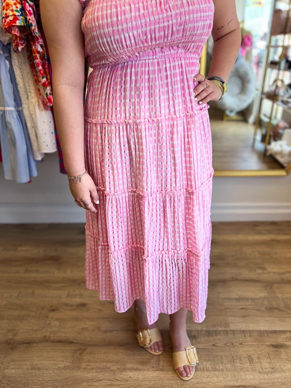 "Sugar & Spice" Smocked Pink Seersucker Midi Dress