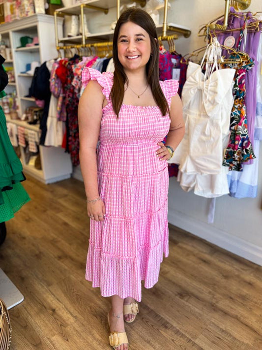 "Sugar & Spice" Smocked Pink Seersucker Midi Dress