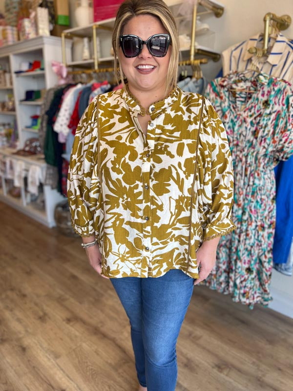 "Sweet Like Honey" Plus-Size Dijon Scallop Trim Top