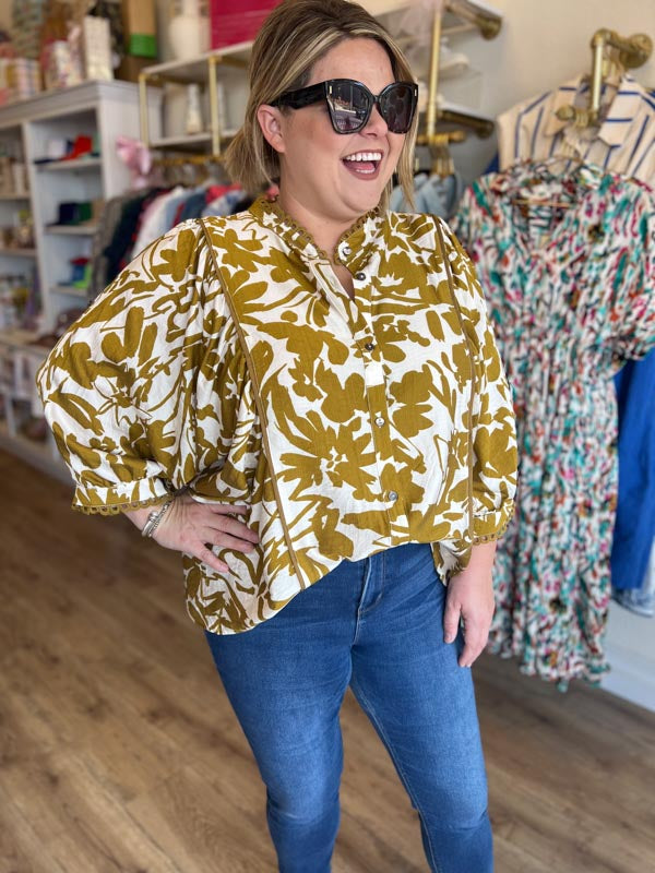 "Sweet Like Honey" Plus-Size Dijon Scallop Trim Top