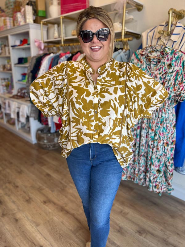 "Sweet Like Honey" Plus-Size Dijon Scallop Trim Top