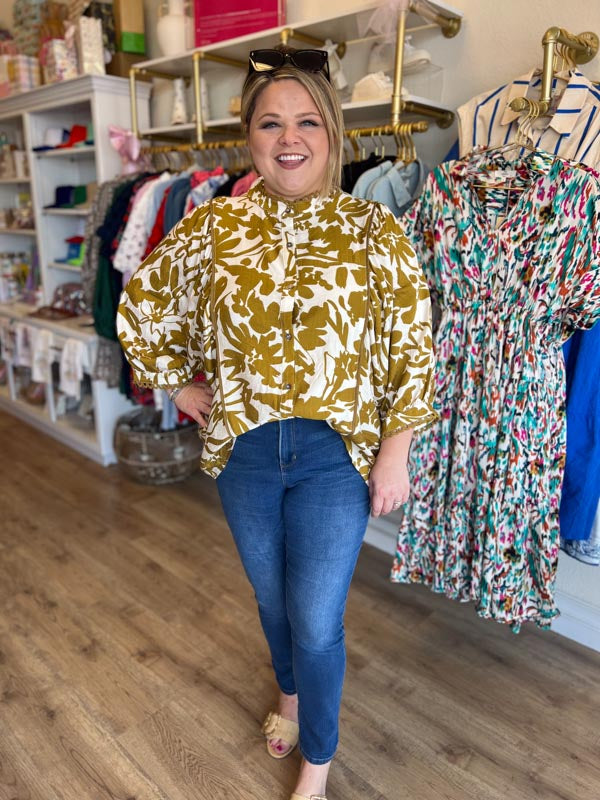 "Sweet Like Honey" Plus-Size Dijon Scallop Trim Top