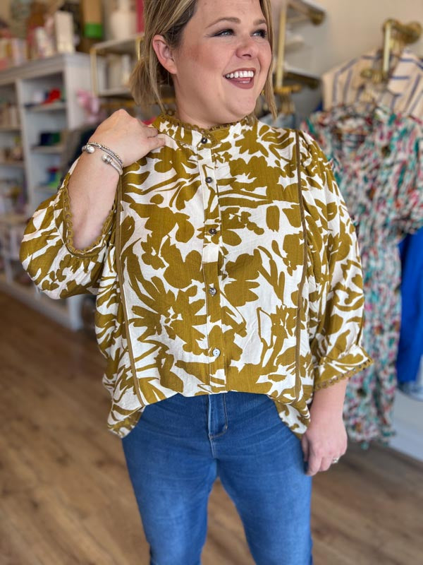 "Sweet Like Honey" Plus-Size Dijon Scallop Trim Top