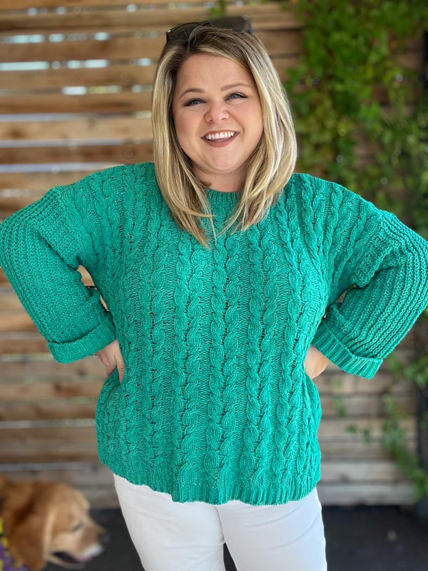 "The Snuggle is Real" Plus Size Green Cable Knit Sweater