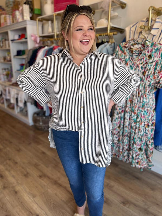 "Upper Class Taste" Plus-Size Black and White Striped Tunic