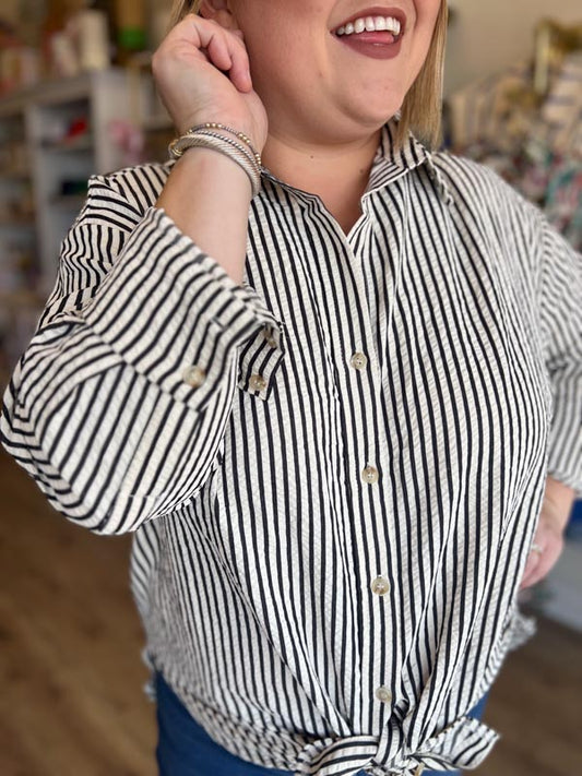 "Upper Class Taste" Plus-Size Black and White Striped Tunic