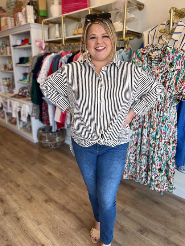 "Upper Class Taste" Plus-Size Black and White Striped Tunic