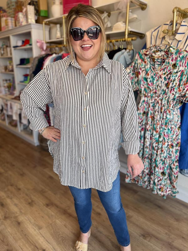 "Upper Class Taste" Plus-Size Black and White Striped Tunic