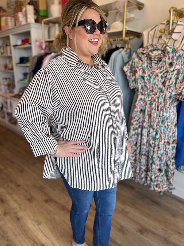 "Upper Class Taste" Plus-Size Black and White Striped Tunic