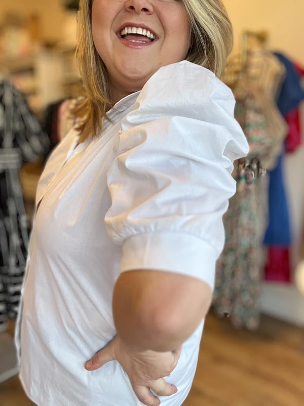 "White Like Snow" Plus Size Puff Sleeve Button Blouse