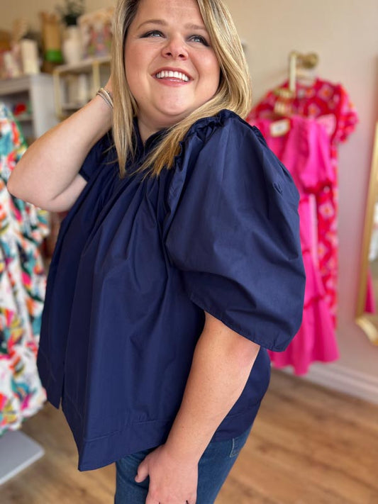 "Work Hard, Play Hard" Navy Puff Sleeve Top