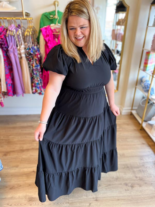 "Meet Me at Midnight" Plus-Size Black Tiered Maxi Dress